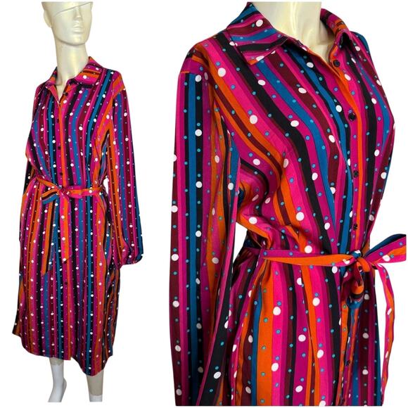 Long Sleeve Midi Shirt Dress Button Front Striped Polka Dot Colorful Medium NEW - Picture 1 of 10